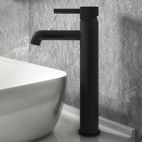 Arezzo Fluted Round Matt Black High Rise Mono Basin Mixer Tap 1 Arezzo Fluted Round Matt Black High Rise Mono Basin Mixer Tap