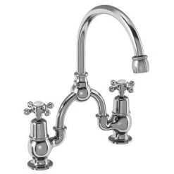 Burlington - Anglesey 2TH Bridge Curved Spout Basin Mixer (200mm centers) w Plug & Chain
